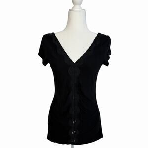 Bogari Womens Y2K Longline V-Neck T-Shirt Silk Blend Ruched Black M Bella Elena